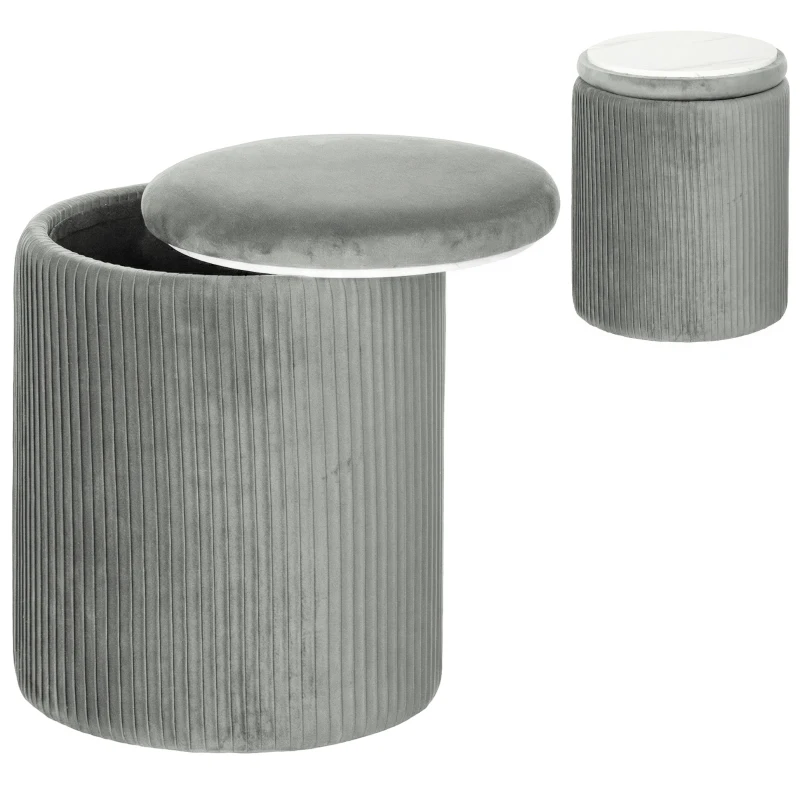HOMCOM Storage Ottoman Modern Velvet Round Foot Stool for Living Room Bedroom 45 cm Grey