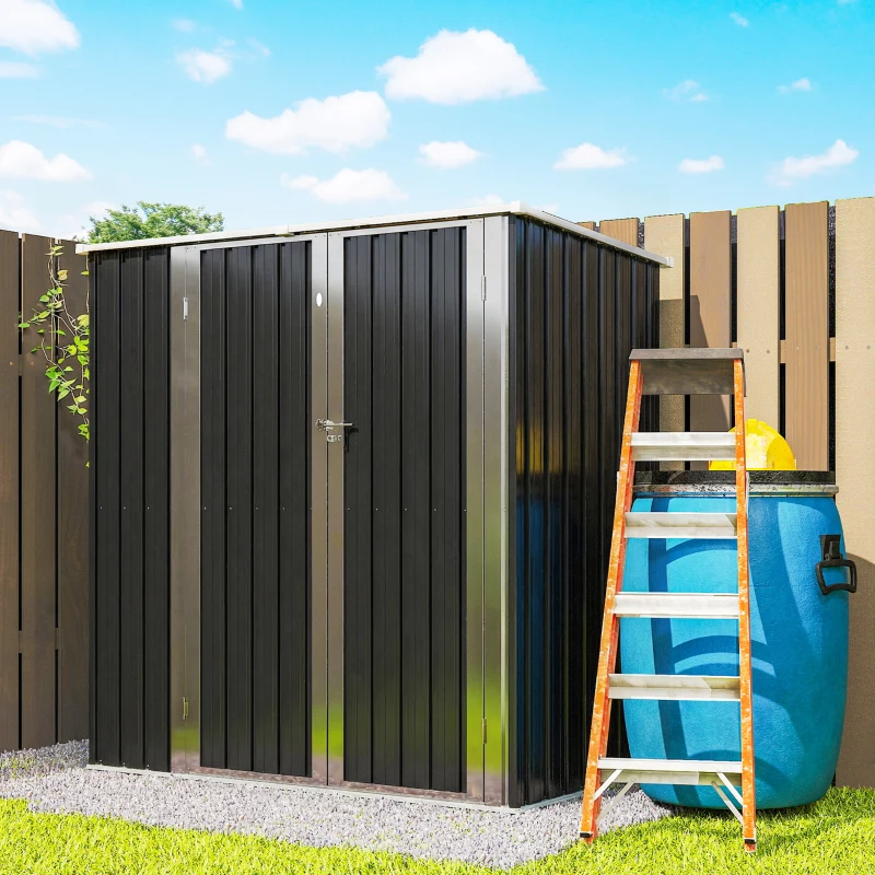 Outsunny Abrigo de Jardim Exterior Metálico 1,37 m² 163x89x163 cm com Telhado Inclinado, Portas com Fecho e Luvas Cinzento