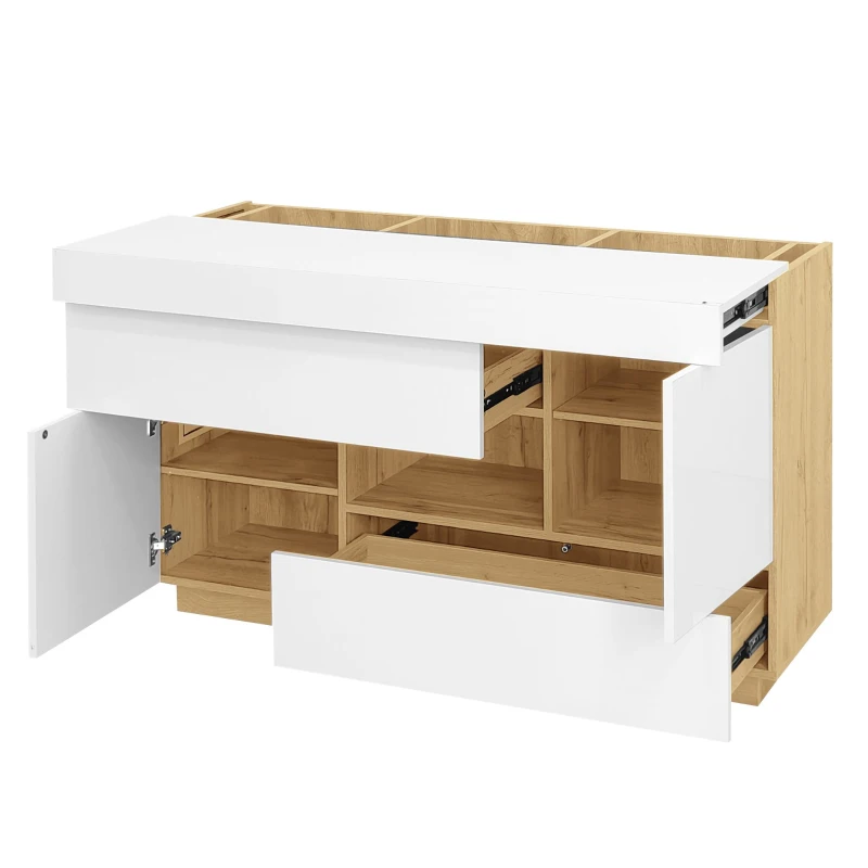 Credenza moderna con illuminazione a LED, vetrina e cassetti, 120x37x76.5 cm, Bianco
