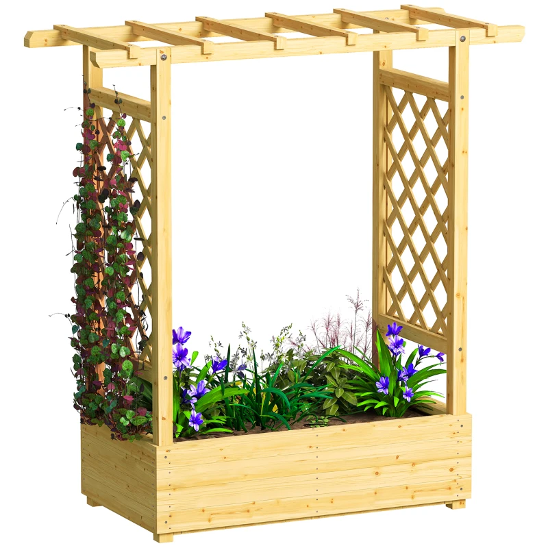 Outsunny Jardinera elevada con enrejado lateral y superior, macetero con orificios de drenaje, 110x44x113cm, madera natural