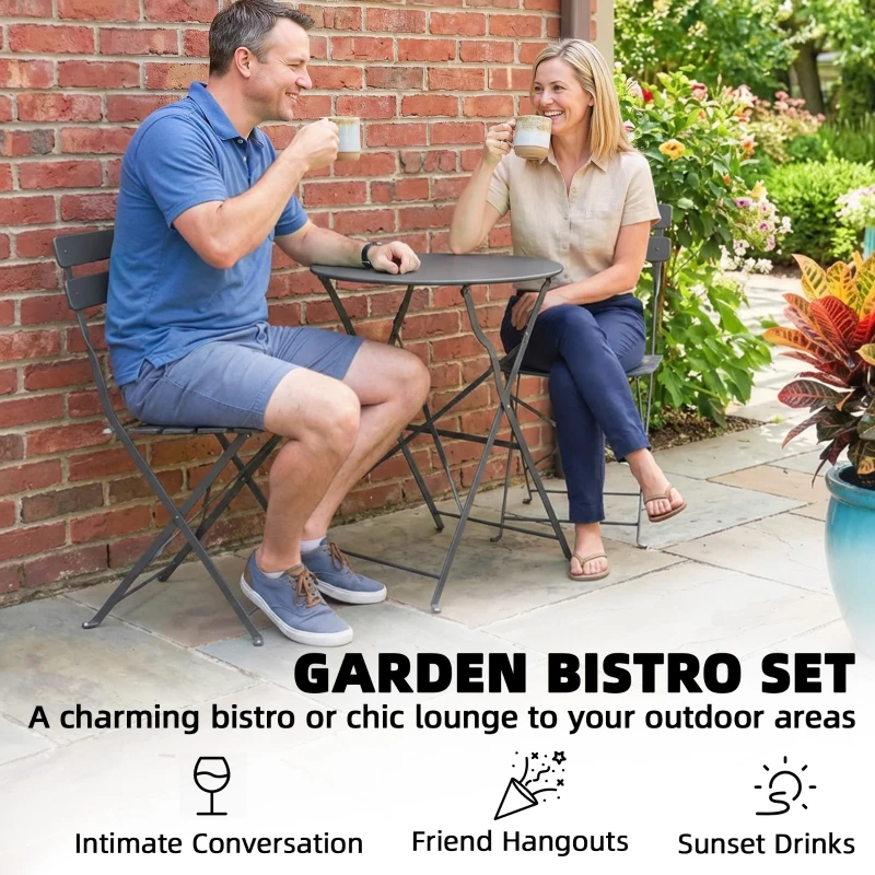 Outsunny Folding Garden Bistro Set, Outdoor Round Bistro Table and Chairs Set 2 with Electrophoresis Metal Frame, Grey