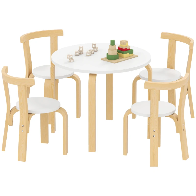 AIYAPLAY Set de Mesa y Sillas para Niños 3-8 Años 5 piezas con Bordes Redondeados en Madera Blanca