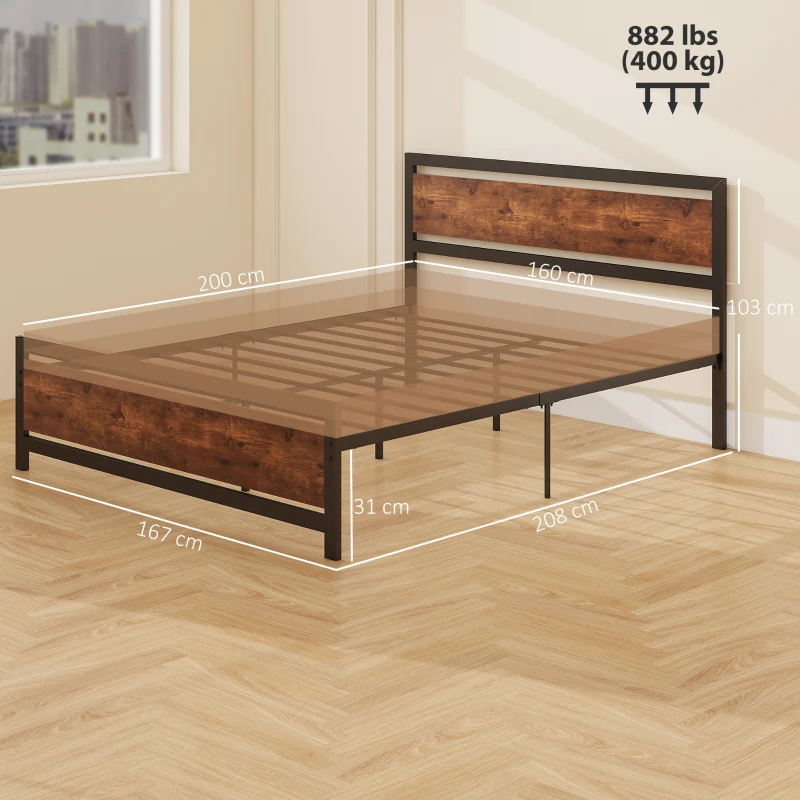 HOMCOM Estructura de cama doble 200 x 160 cm en acero con somier y cabecero compatible con colchón aspecto madera oscura