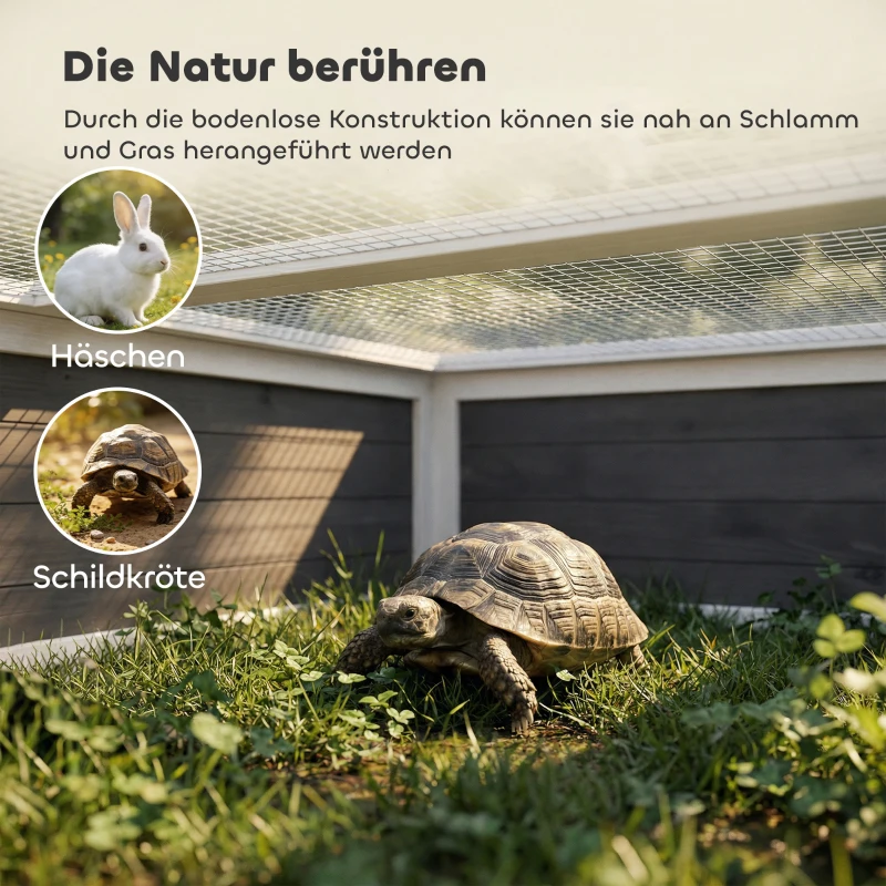 PawHut Schildkrötenhaus aus Holz mit Freilauf Haupthaus Sichtfenster aufklappbarer Oberseite 2 Türen 113x106,5x44,5 cm Dunkelgrau