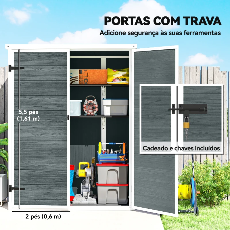 Outsunny Abrigo para Ferramentas 0,8 m² Galpão com Prateleiras Dobráveis 134x68,5x170 cm Plástico com Porta Dupla Fechável e Base