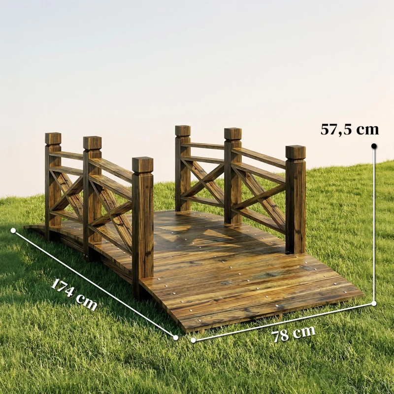 Outsunny Puente de madera con pasamanos puente de jardín de abeto puente para estanque con aspecto antiguo, transitable 174 x 78 x 57,5 cm Carbonizado