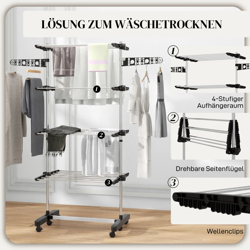 HOMCOM Wäschenständer Wäschetrockner 5 Ebenen, klappbar, One-Klick-System, 142 cm x 55 cm x1 72 cm, Schwarz + Silber(m-5)