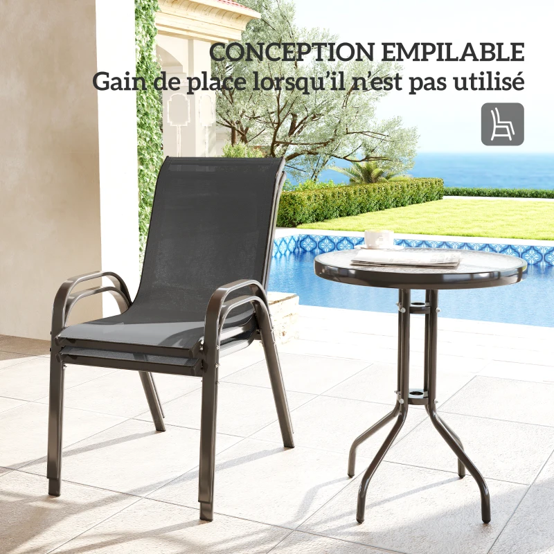 Outsunny 3 pièces salon de jardin extérieur ensemble de meubles 2 fauteuils empilables table basse dessus verre trempé gris foncé