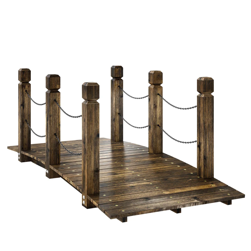 Outsunny Ponte da Giardino in Legno di Abete Carbonizzato 1,51 m, Ponte Decorativo per Laghetti, Stile Rustico con Corrimano di Sicurezza