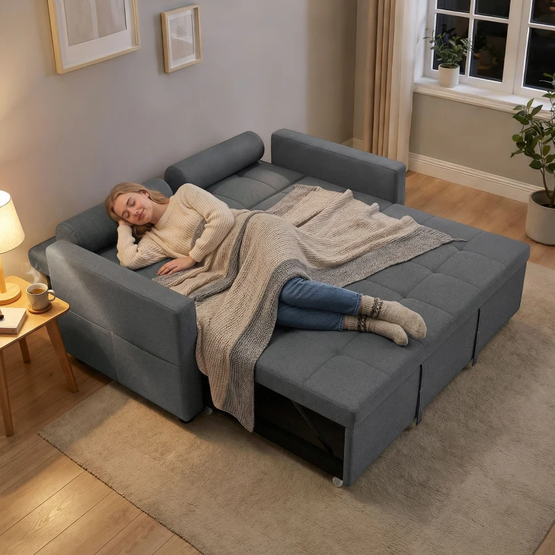 HOMCOM Divano letto 2 posti 3 in 1 con letto estraibile e 2 cuscini, 80,5x137,5x84 cm, Grigio