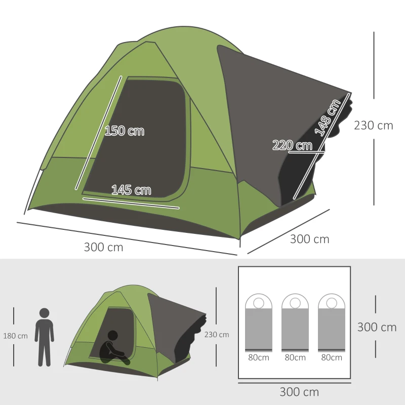 Outsunny Cort auto, cort de camping, cort de călătorie, pentru 4-5 persoane, fibră de sticlă, poliester, verde, 300 x 300 x 230 cm
