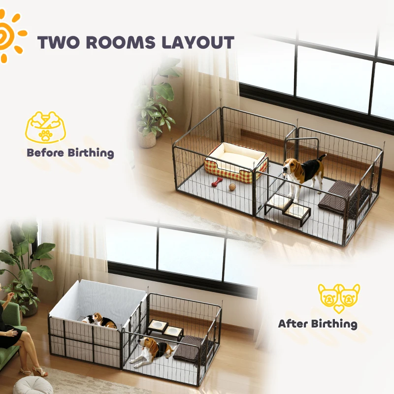 PawHut Skrzynia porodowa dla szczeniąt, kojec z 7 panelami, 2 strefy, zmywalna podkładka porodowa, 203 x 102 x 60 cm, czarny