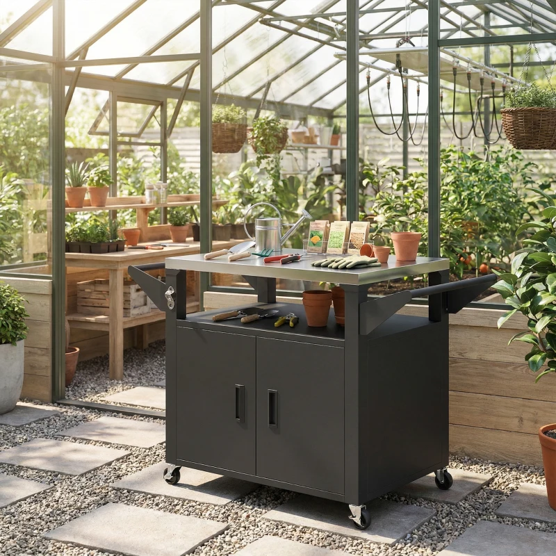 Outsunny Carrello da cucina con ruote e armadietto, 117x55x78 cm, Nero