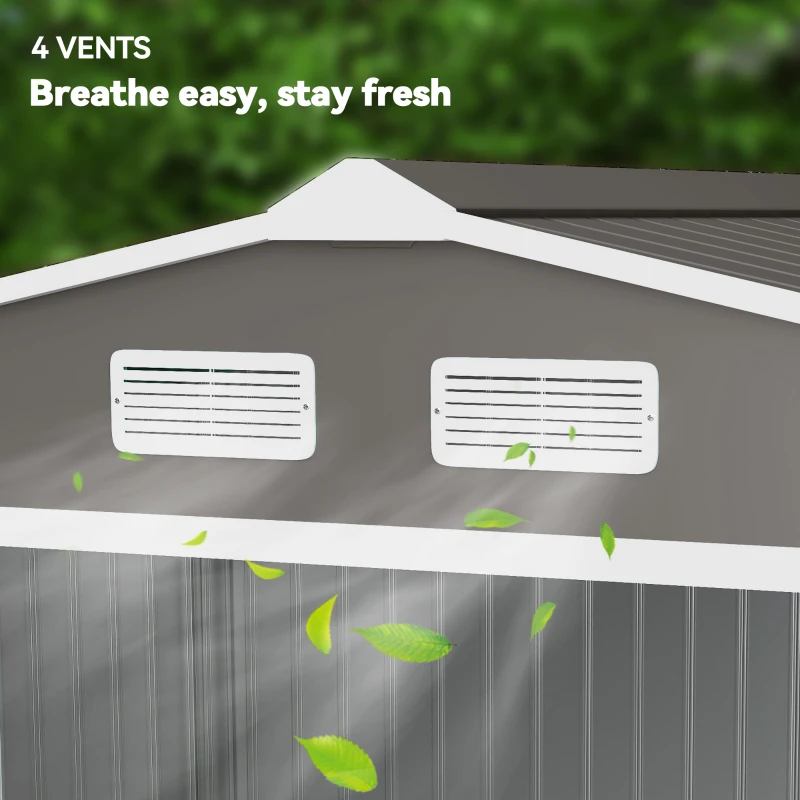 Outsunny 9 x 6FT Outdoor Garden Roofed Metal Storage Shed Tool Box with Foundation Ventilation & Doors Light, Grey(m-8)