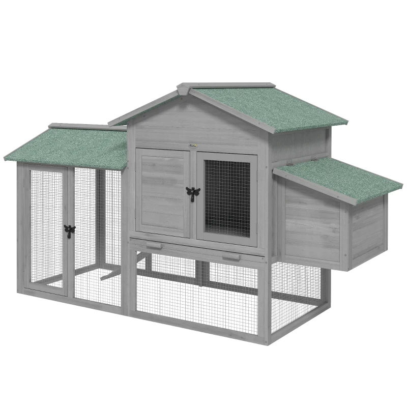 PawHut Pollaio in legno con recinto, nido, rampa e vassoio estraibile per 2-4 galline, 168x75x103 cm, Grigio
