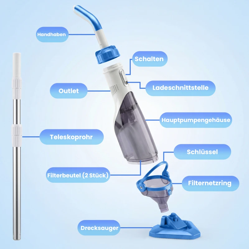 Outsunny Poolreiniger, kabelloser Poolstaubsauger mit 63-150 cm verstellbarem Stiel und Bürste für kleine Pools, Whirlpools und Teiche
