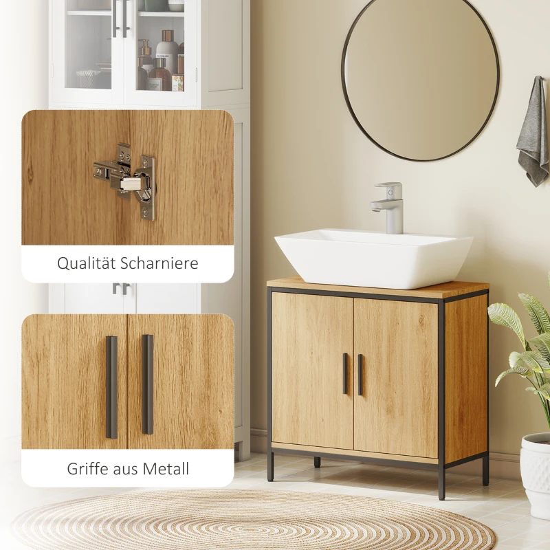 HOMCOM Waschbeckenunterschrank Badezimmer Unterschrank mit 2 Türen, einstellbarem Regal Badezimmerschrank mit Stahlrahmen, für Waschbecken ohne Sockel, Eiche, 60x30x60 cm