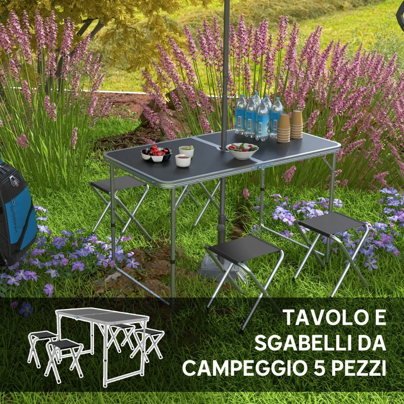 Outsunny Set Tavolo da Campeggio Pieghevole e Regolabile con 4 Sedie e Foro per Ombrellone, in Alluminio e Legno, Nero