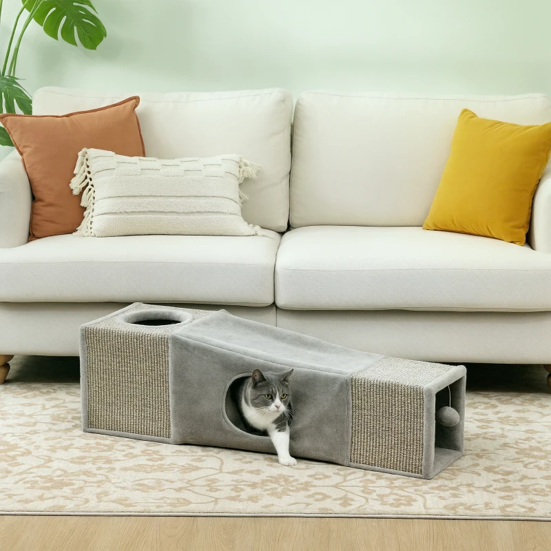 PawHut Túnel para gatos de interior juguetes para gatos con pelota colgante entradas múltiples en sisal 98 x 30 x 30 cm gris