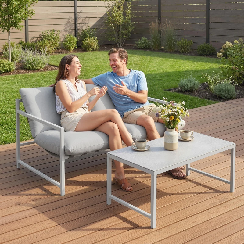 Outsunny Set di 2 Pezzi Salotto da Giardino Esterno, Divano con Cuscini, Tavolino in Vetro Temperato Effetto Marmo 3D, 125x80x64 cm, Grigio Chiaro