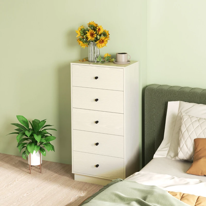 HOMCOM Commode 5 tiroirs, meuble de rangement haut et étroit, style moderne pour chambre à coucher, salon - 47x29x95cm, crème