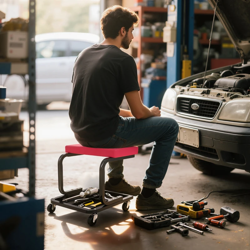 HOMCOM Taburete de mecánico taburete de taller móvil carga 135 kg bandeja herramientas ruedas incluidas 36,5 x 33,5 x 35 cm rojo