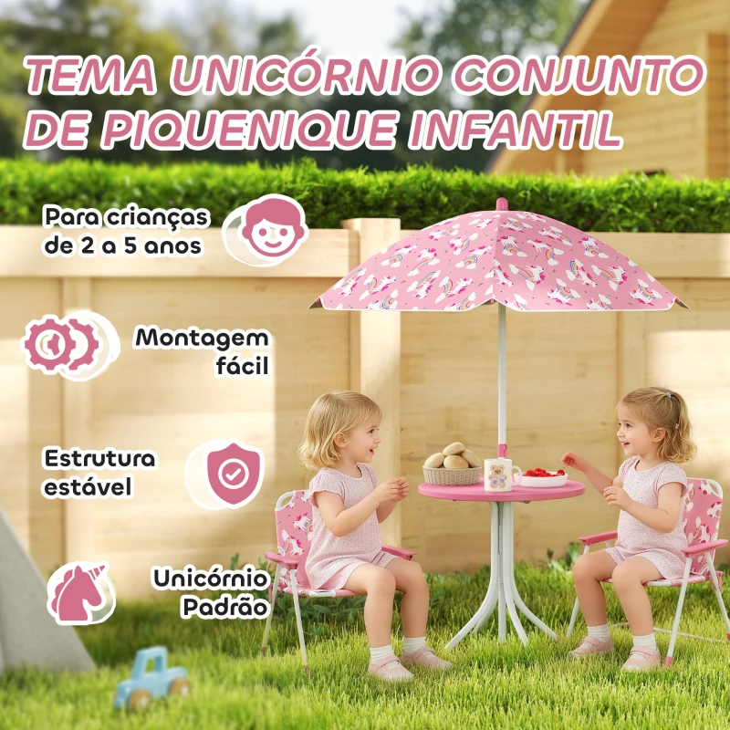 AIYAPLAY Conjunto Infantil de Mesa e Cadeiras de Jardim de 4 Peças Cadeiras Dobráveis Chapéu de Sol Desmontável Design Unicórnios Rosa