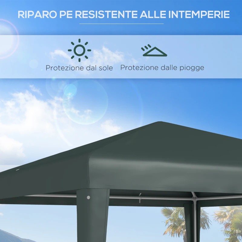 Outsunny Gazebo da Giardino 2.7x2.7 m con Picchetti e Corde, Telaio in Acciaio e Rivestimento in PE, Verde Scuro