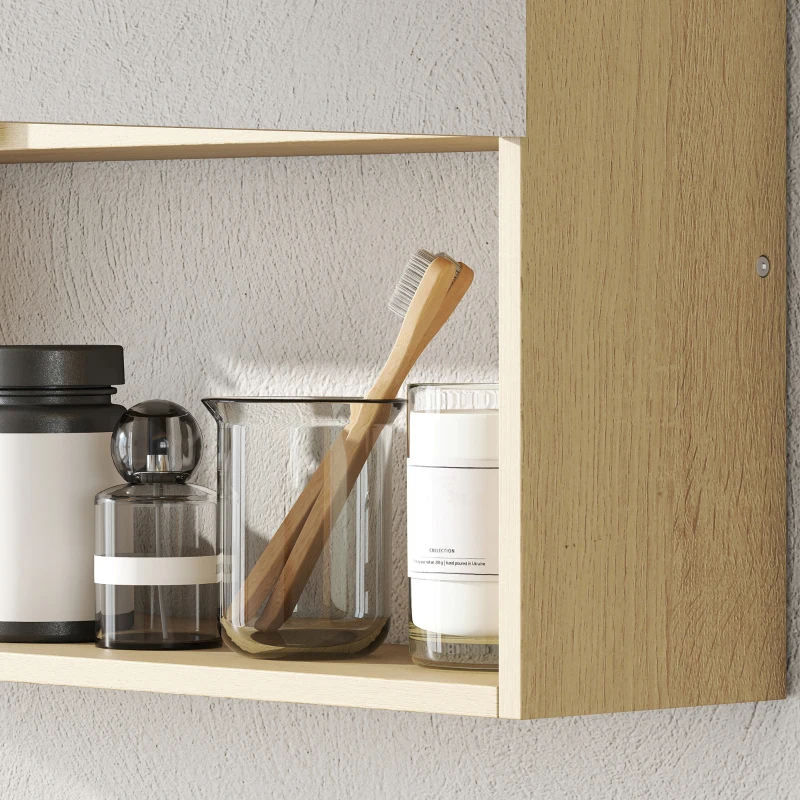 HOMCOM Mueble de baño con espejo, puertas con espejo, estante abierto, montaje en pared, MDF, Spanplatte, Eiche