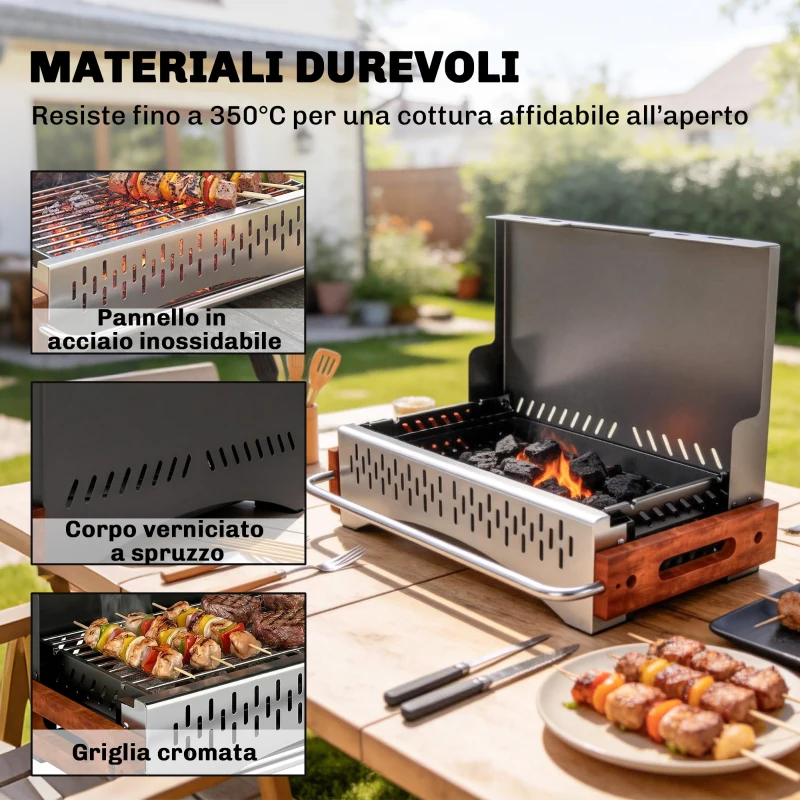 Outsunny Barbecue Portatile a Carbone con Vaschetta Rimovibile, in Acciaio Inox e Metallo, 50.5x34x33 cm, Nero