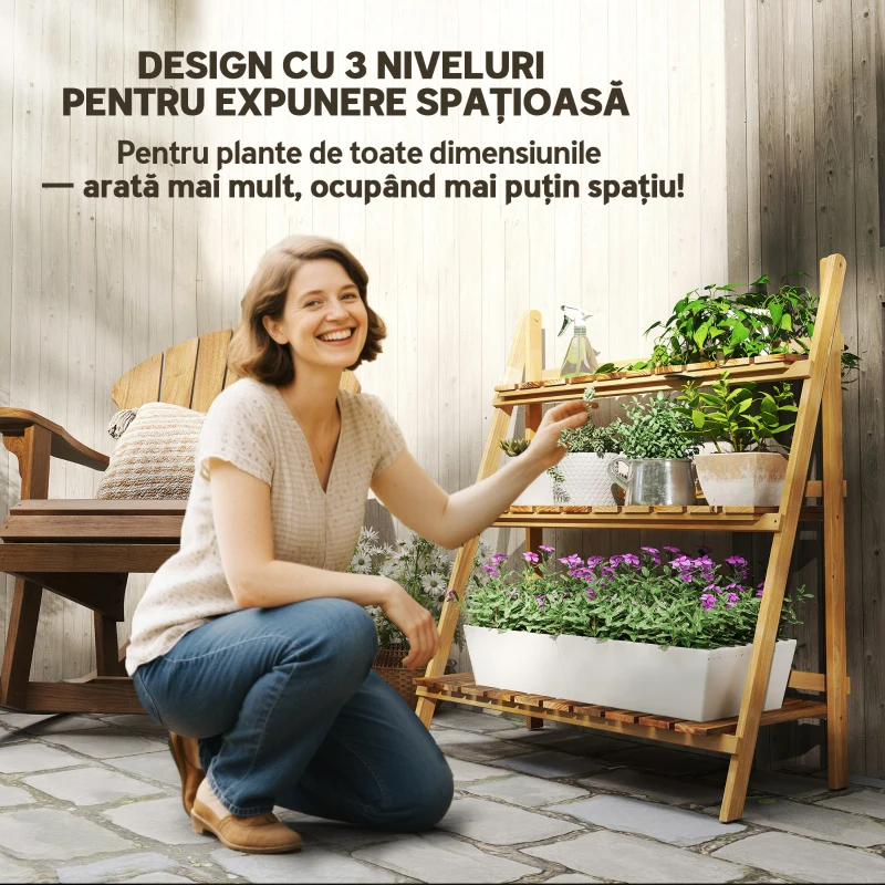 Outsunny Suport pentru Plante Pliabil, Jardinieră cu 3 Niveluri, Raft de Exterior pentru Plante, 80x37x93 cm, Lemn Natural