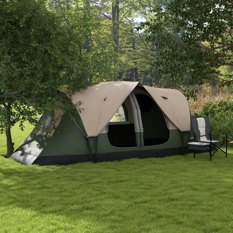 Outsunny Campingtent, 2 Ruimtes, Verwijderbare Scheidingswand, voor 6 Personen, Waterdicht, Donkergroen