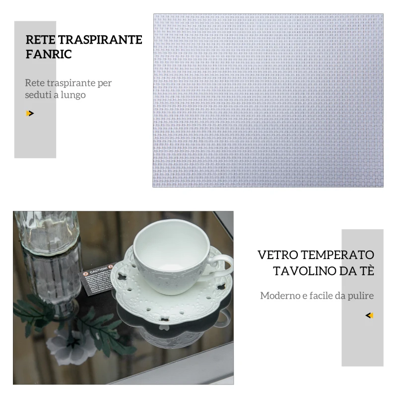 Outsunny Set di 2 Lettini Prendisole e Tavolino con Piano in Vetro, 59x169x66 cm, Grigio Chiaro
