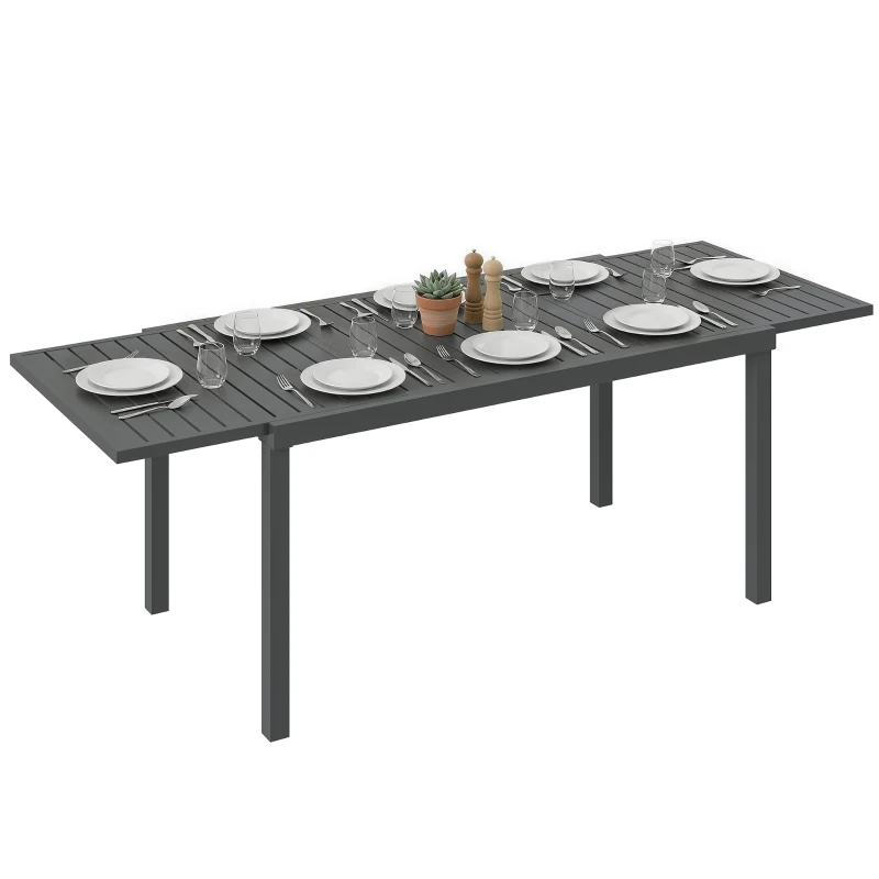 Outsunny Extending Garden Table for 6-8 People, Full Aluminium Outdoor Dining Table with Slatted Top, Dark Grey