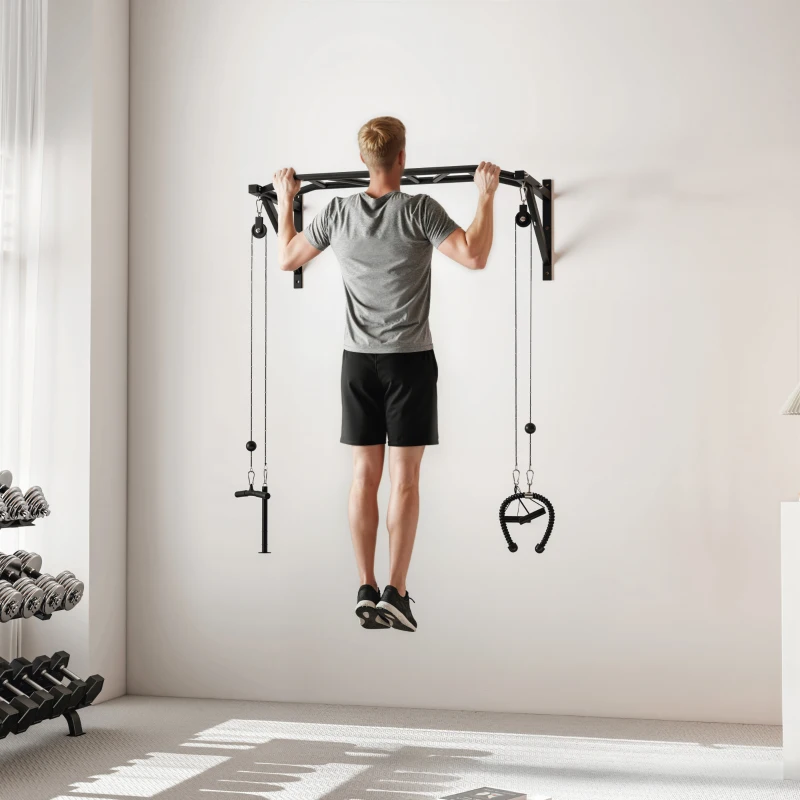 SPORTNOW Barra de dominadas mural barra de fitness multiagarre sistema de polea por cable carga 200 kg, acero 126x60x45,5cm, negro
