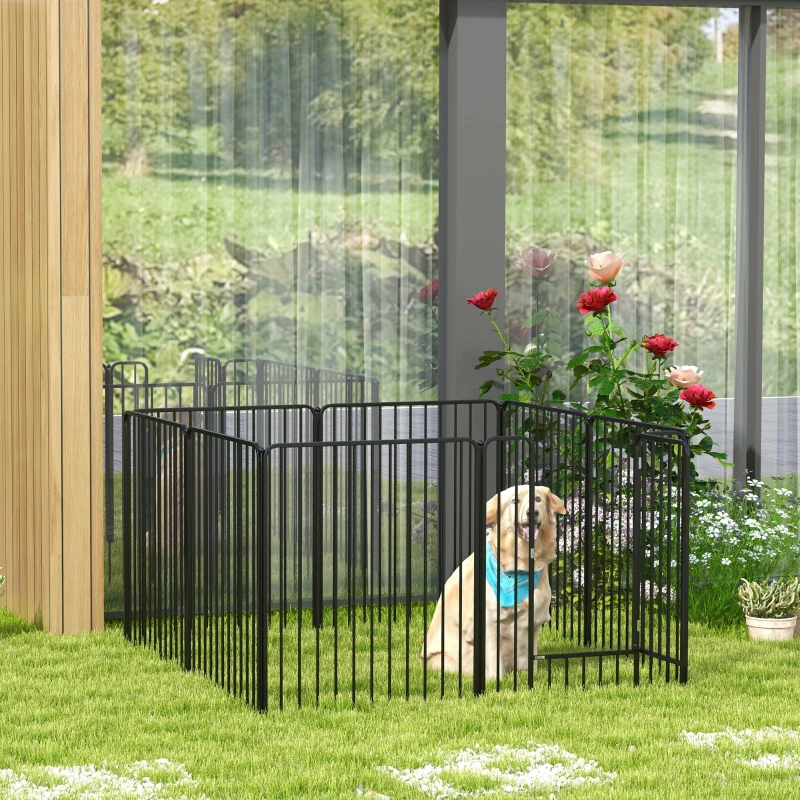 PawHut Box per Cani a 8 Pannelli Modulabili da Interno ed Esterno con 9 Picchetti, in Acciaio, 164x164x100 cm, Nero