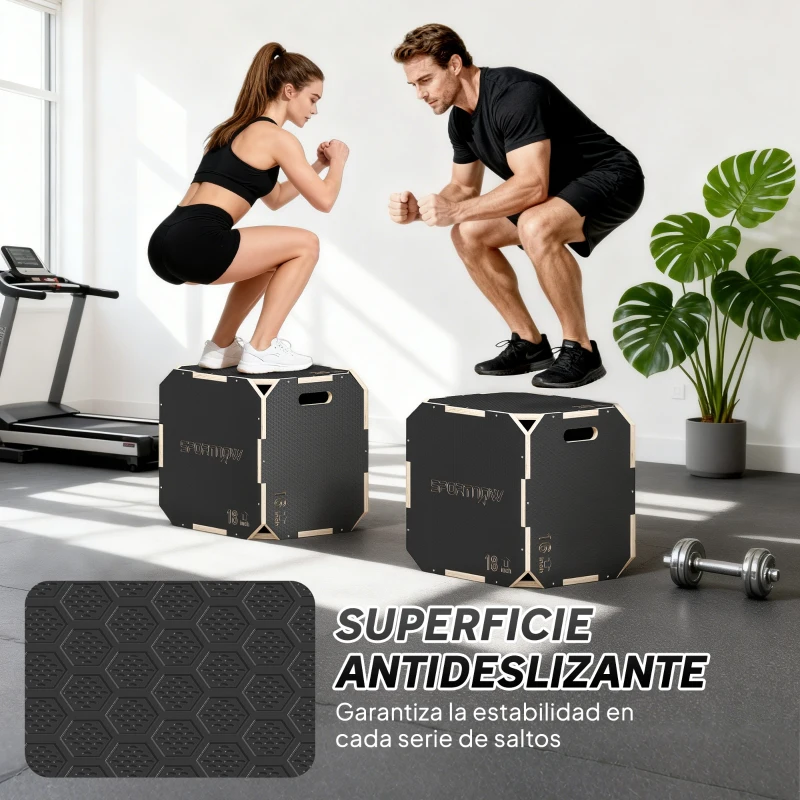 SPORTNOW Cajón Pliométrico de Madera 3 en 1 con 3 Alturas Diferentes Asas sin Esquinas Entrenamiento de Salto 51x48x41 cm
