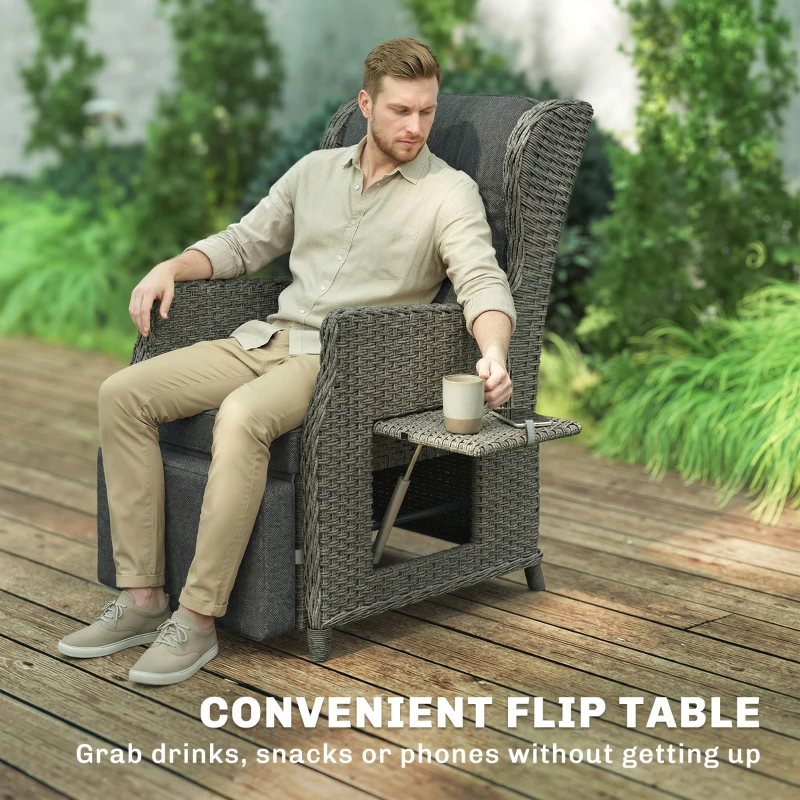 Outsunny Rotanstoel met Inklapbare Tafel, Ligstoel Tuinstoel Verstelbare Rugleuning en Voetsteun 81 x 58 x 98,5 cm Donkergrijs