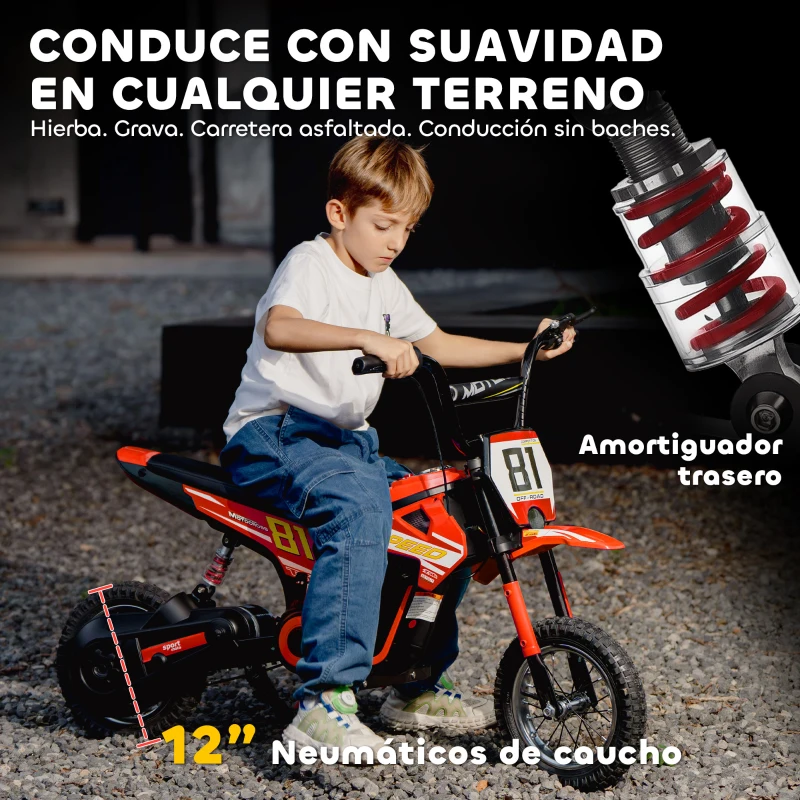 AIYAPLAY Moto Eléctrica para Niños 24V con Motor 250W Velocidad de 6-16km/h Ruedas de 12'' para Niños de 8-12 Años Rojo