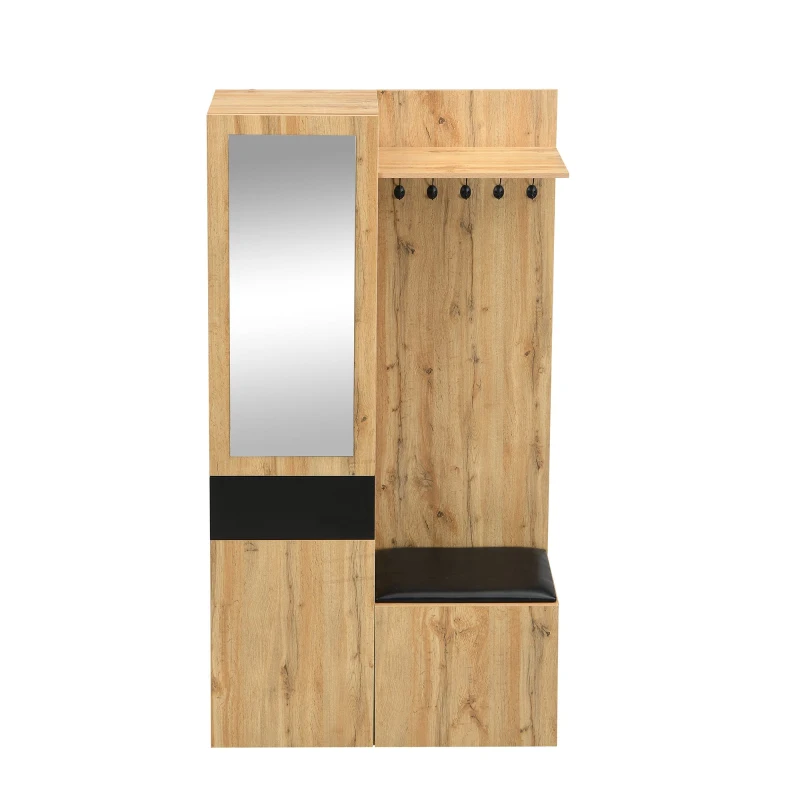 Ensemble vestiaire avec 5 crochets, miroir, meuble à chaussures et placard encastré, 98,5x38x191 cm, Couleur naturelle