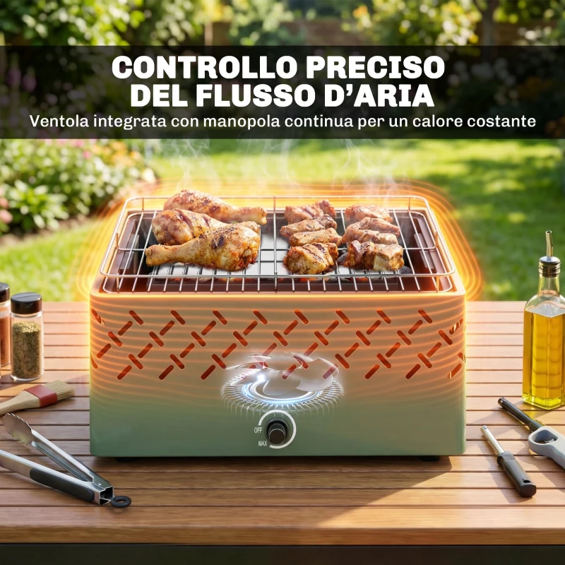 Outsunny Barbecue Portatile a Carbone con Ventilatore Integrato per Esterni, Verde Chiaro