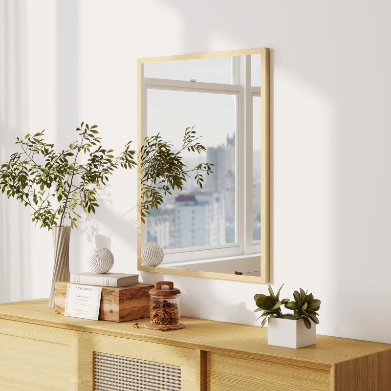 HOMCOM Espejo mural rectangular 80 x 60 cm, marco de madera natural, ideal para baño, salón o dormitorio