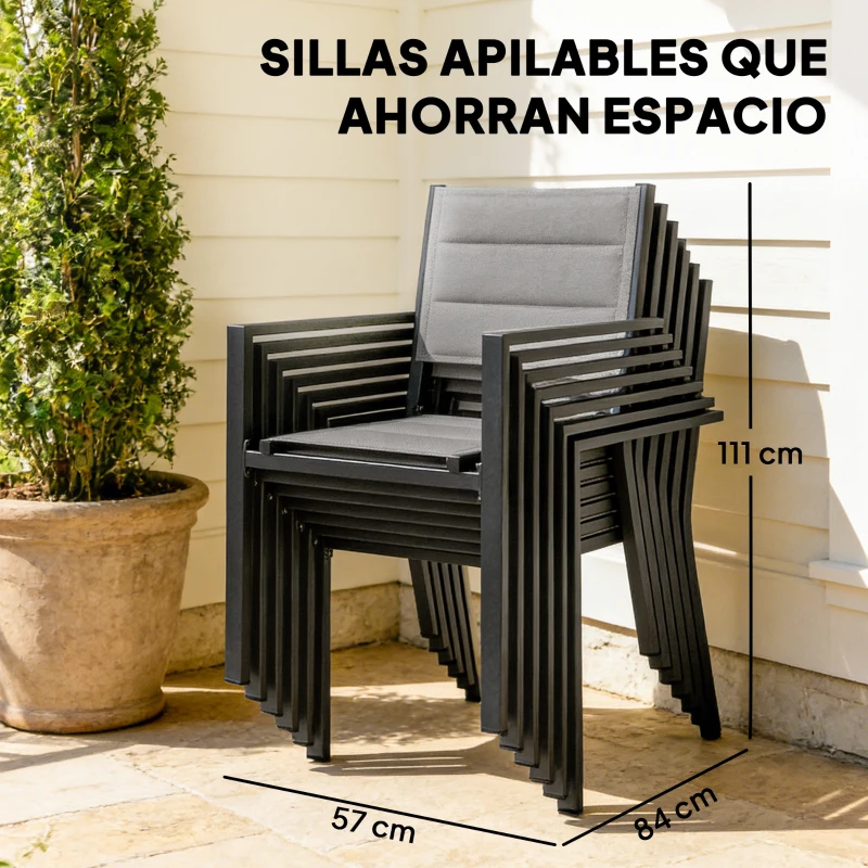 Outsunny Conjunto de Mesa y Sillas Jardín con Mesa Extensible y 6 Sillas Apilables Transpirables Marco de Aluminio Gris