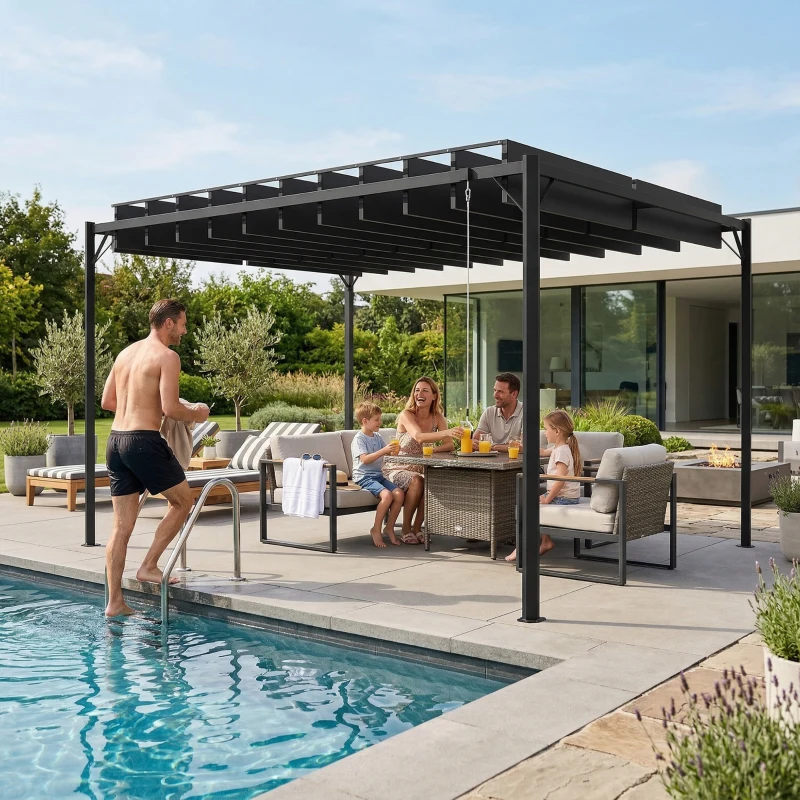 Outsunny Pérgola de Jardim 3x4 m com Proteção UPF50+ Gazebo com Telhado Ajustável Estrutura de Metal para Exterior Cinzento Escuro