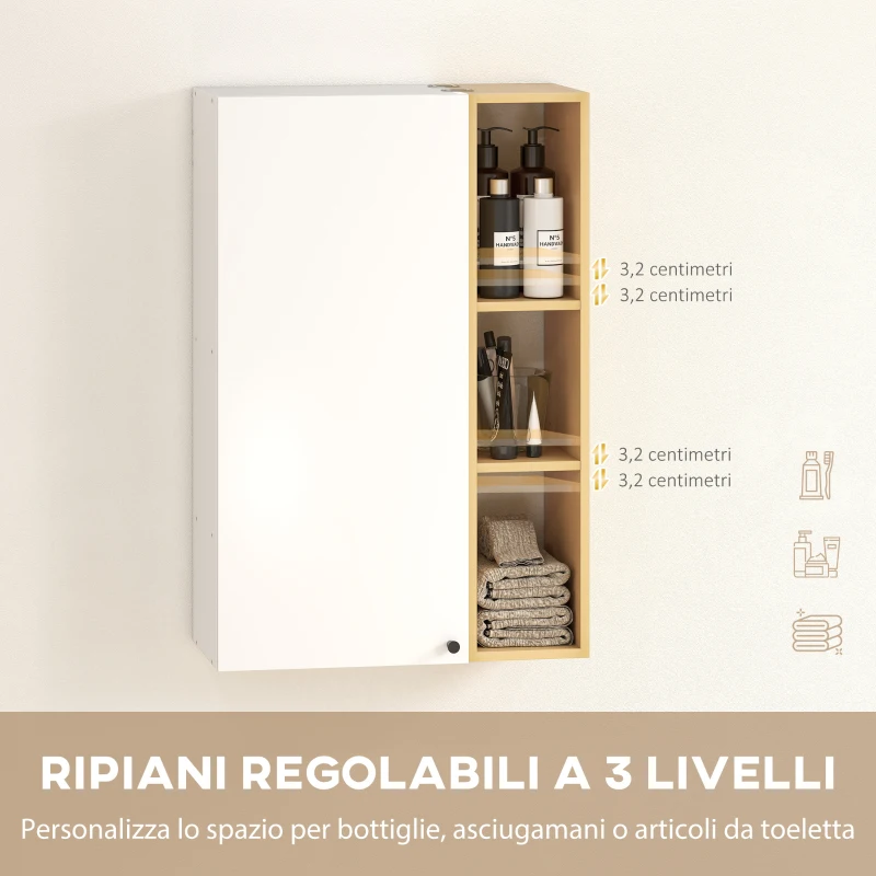 HOMCOM Armadietto Bagno a Parete con Ripiani Regolabili e 3 Mensole Aperte, 59.5x30x90 cm, Bianco e Legno