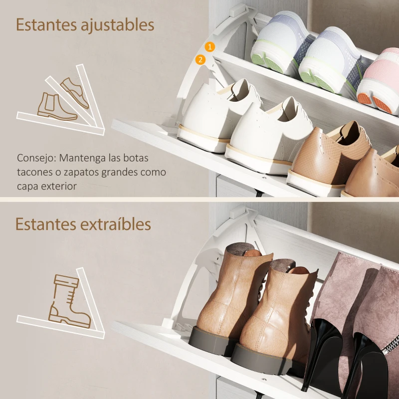 HOMCOM Zapatero Estrecho con 2 Cajones Abatibles Estantes Ajustables para 12 Pares para Espacio Reducido 106,7x26x116cm Blanco