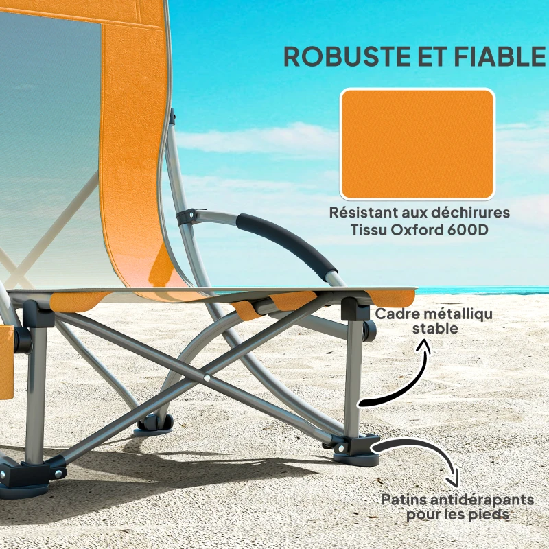 Outsunny Lot de 2 chaises de plage pliable chaises camping pliante légère sac de transport porte-gobelet 70 x 58 x 79 cm orange
