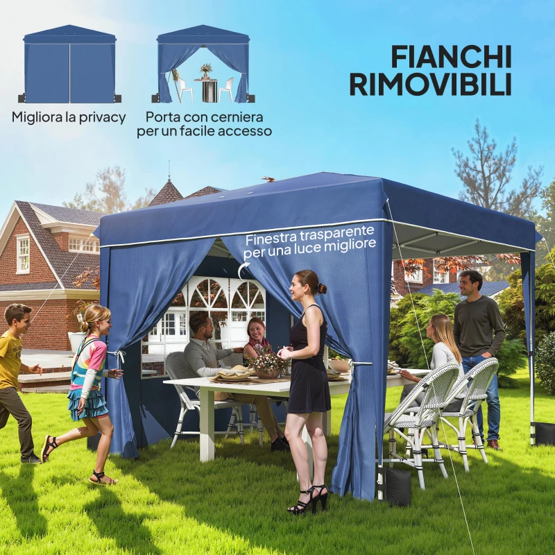 Outsunny Gazebo Pieghevole 3x3 m con Pareti e Altezza Regolabile, Protezione UV 50+, Blu Scuro