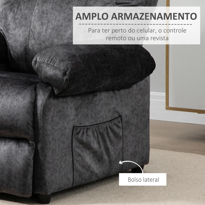 HOMCOM Poltrona Relax Reclinável com Apoio para os Pés Retrátil Encosto Alto Bolso Lateral Acolchoado Grosso 88x91x108 cm Preto