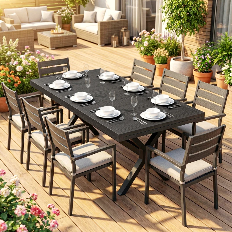 Outsunny Extendable Aluminum Garden Table Wood-Effect Outdoor Dining Table 8-10 People 214x85x73cm Anthracite Gray